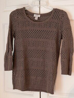 Ann Taylor LOFT crew neck sweater, mixed knit, 3/4 sleeves, size Medium, brown